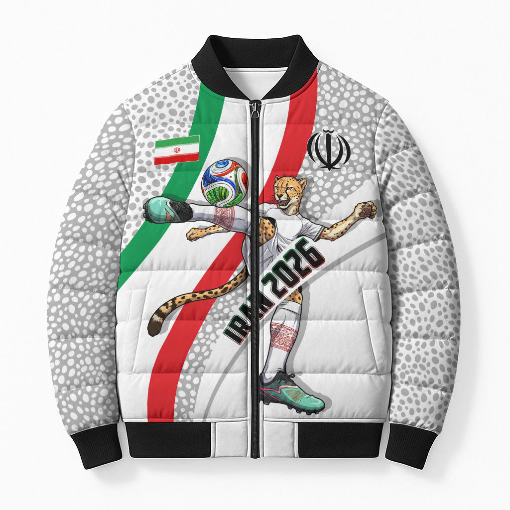 Personalized Iran Football Cheetah Bomber Puffer Jacket Persian Cheetah Graphic With Iranian Flag And Symbol