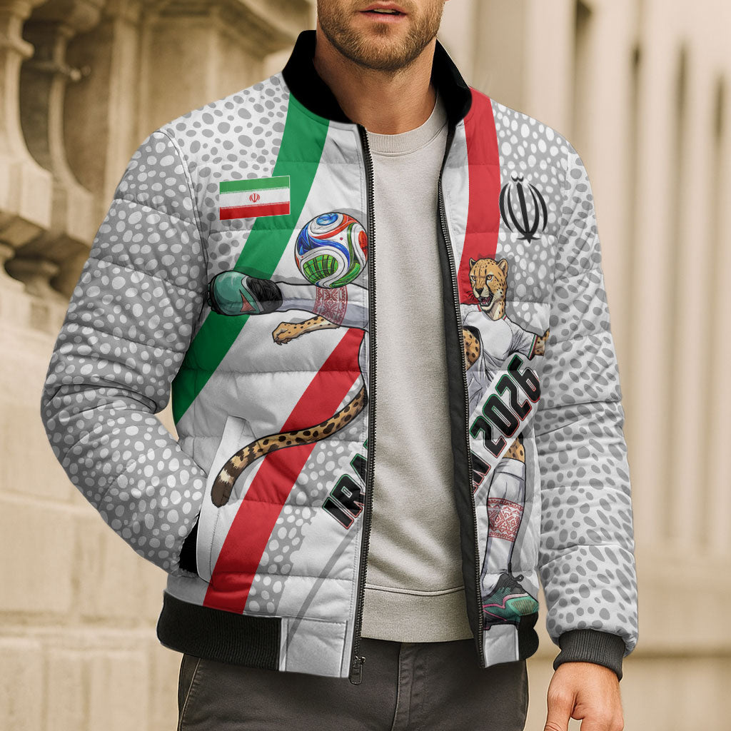 Personalized Iran Football Cheetah Bomber Puffer Jacket Persian Cheetah Graphic With Iranian Flag And Symbol
