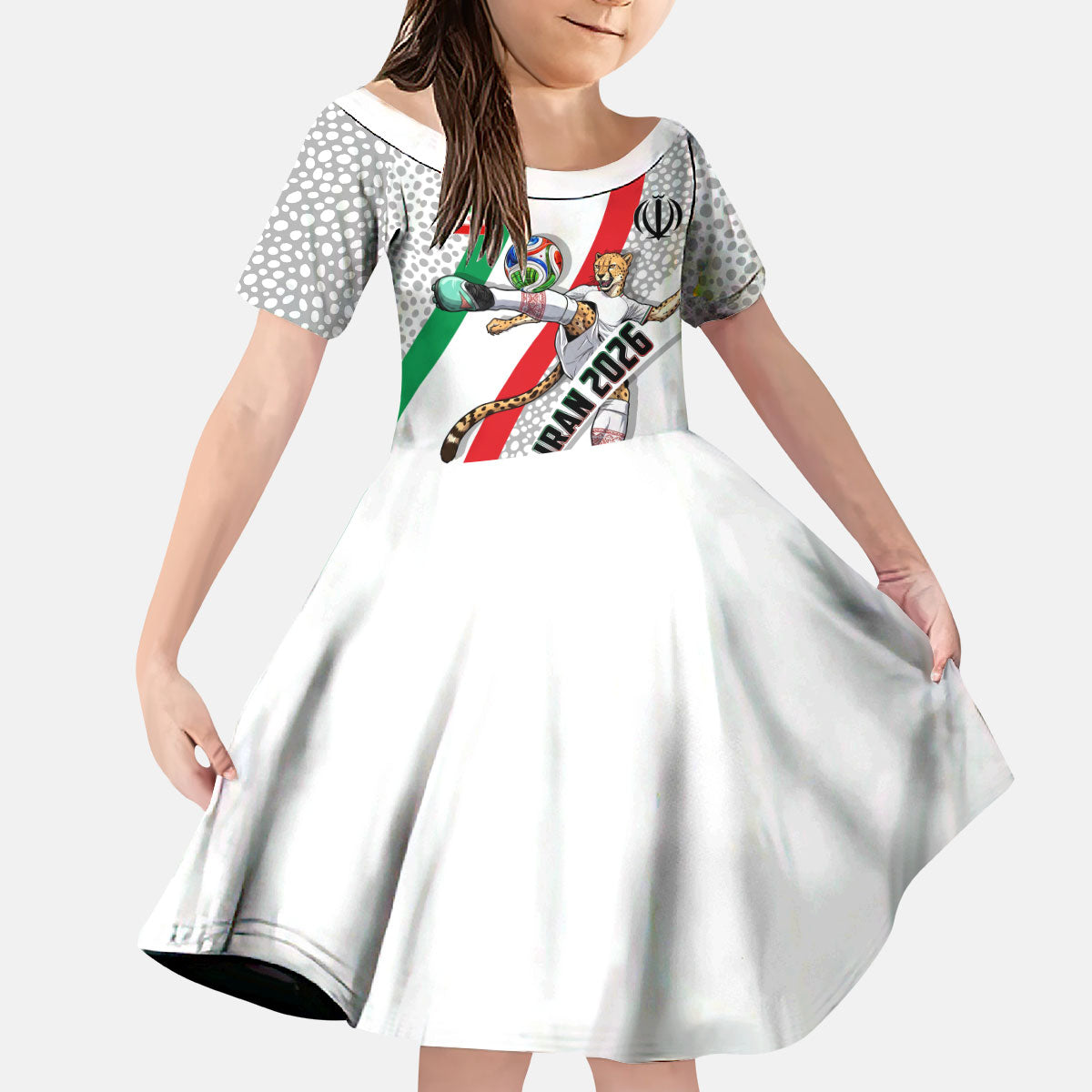 Personalized Iran Football Cheetah Kid Short Sleeve Dress Persian Cheetah Graphic With Iranian Flag And Symbol