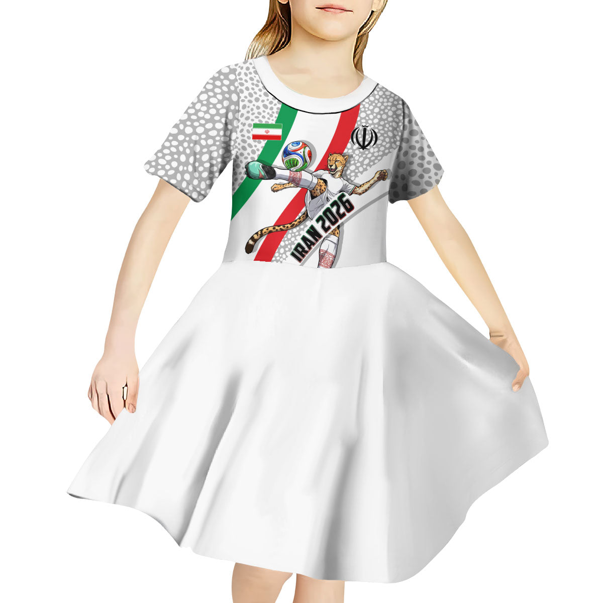 Personalized Iran Football Cheetah Kid Short Sleeve Dress Persian Cheetah Graphic With Iranian Flag And Symbol