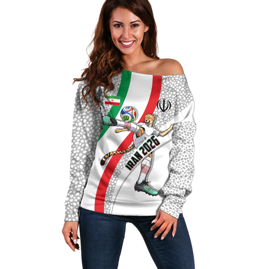 Personalized Iran Football Cheetah Off Shoulder Sweater Persian Cheetah Graphic With Iranian Flag And Symbol