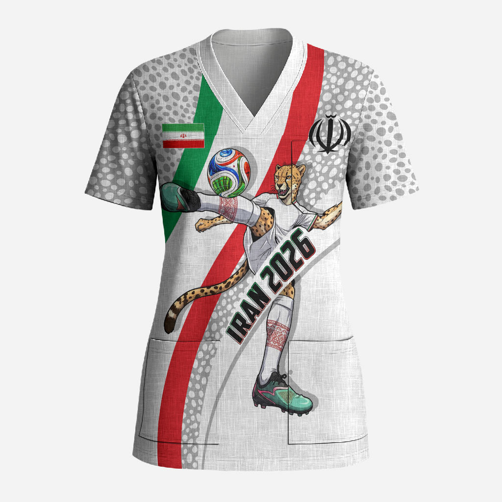 Personalized Iran Football Cheetah Scrub Top Persian Cheetah Graphic With Iranian Flag And Symbol