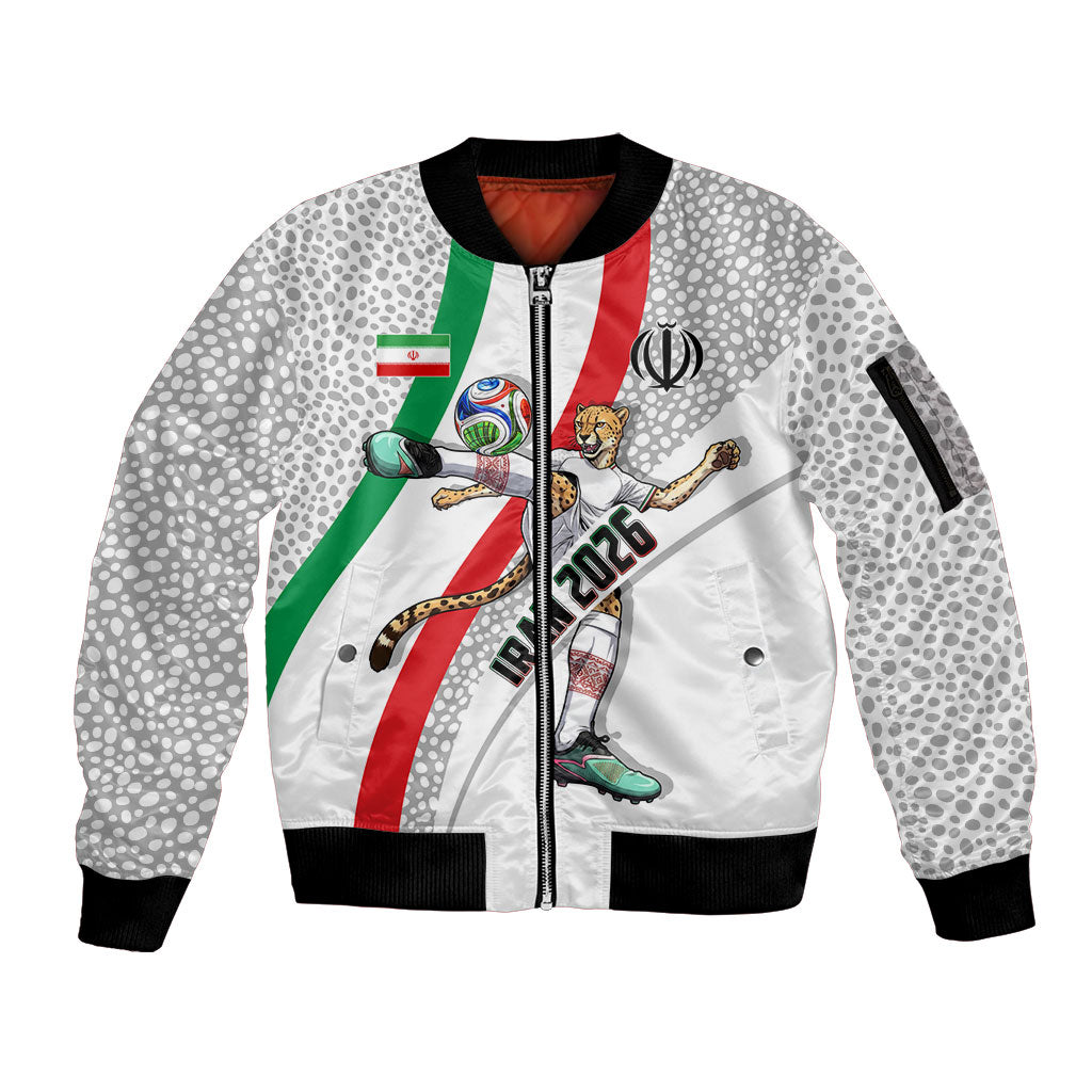 Personalized Iran Football Cheetah Sleeve Zip Bomber Jacket Persian Cheetah Graphic With Iranian Flag And Symbol