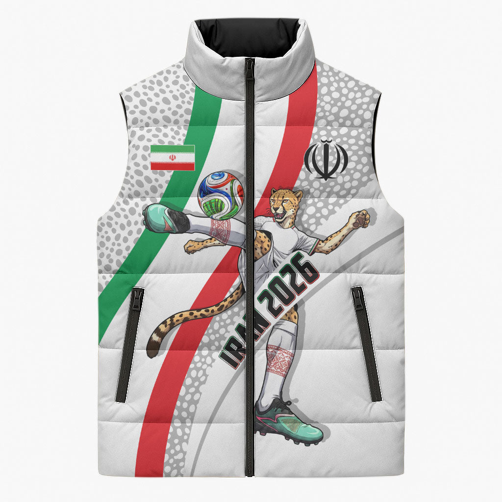 Personalized Iran Football Cheetah Sleeveless Puffer Jacket Persian Cheetah Graphic With Iranian Flag And Symbol