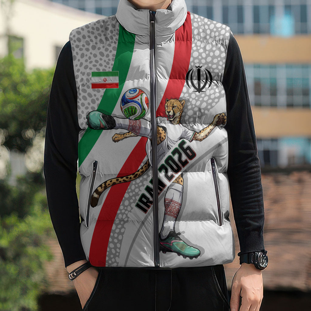 Personalized Iran Football Cheetah Sleeveless Puffer Jacket Persian Cheetah Graphic With Iranian Flag And Symbol
