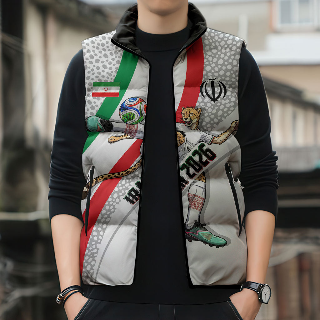 Personalized Iran Football Cheetah Sleeveless Puffer Jacket Persian Cheetah Graphic With Iranian Flag And Symbol
