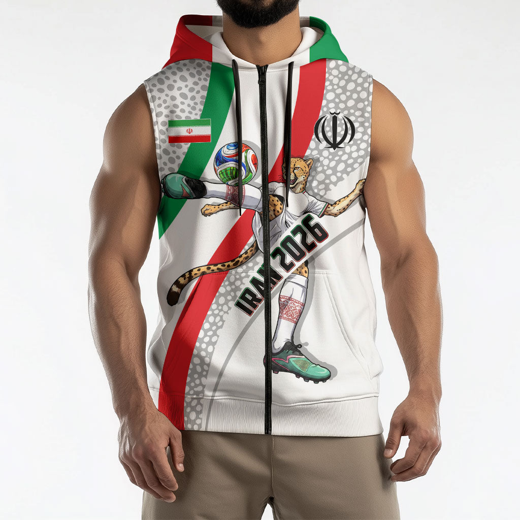 Personalized Iran Football Cheetah Sleeveless Zip Hoodie Persian Cheetah Graphic With Iranian Flag And Symbol