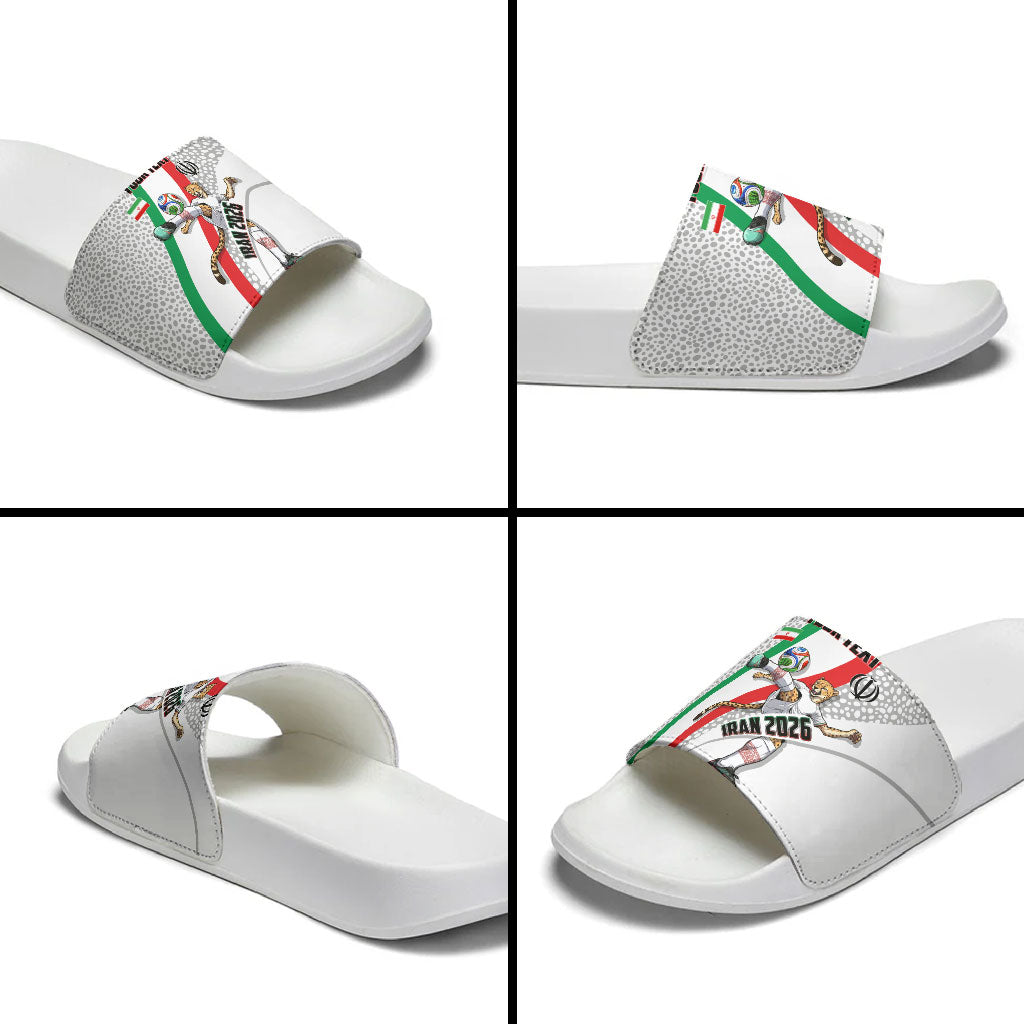 Personalized Iran Football Cheetah Slide Sandals Persian Cheetah Graphic With Iranian Flag And Symbol