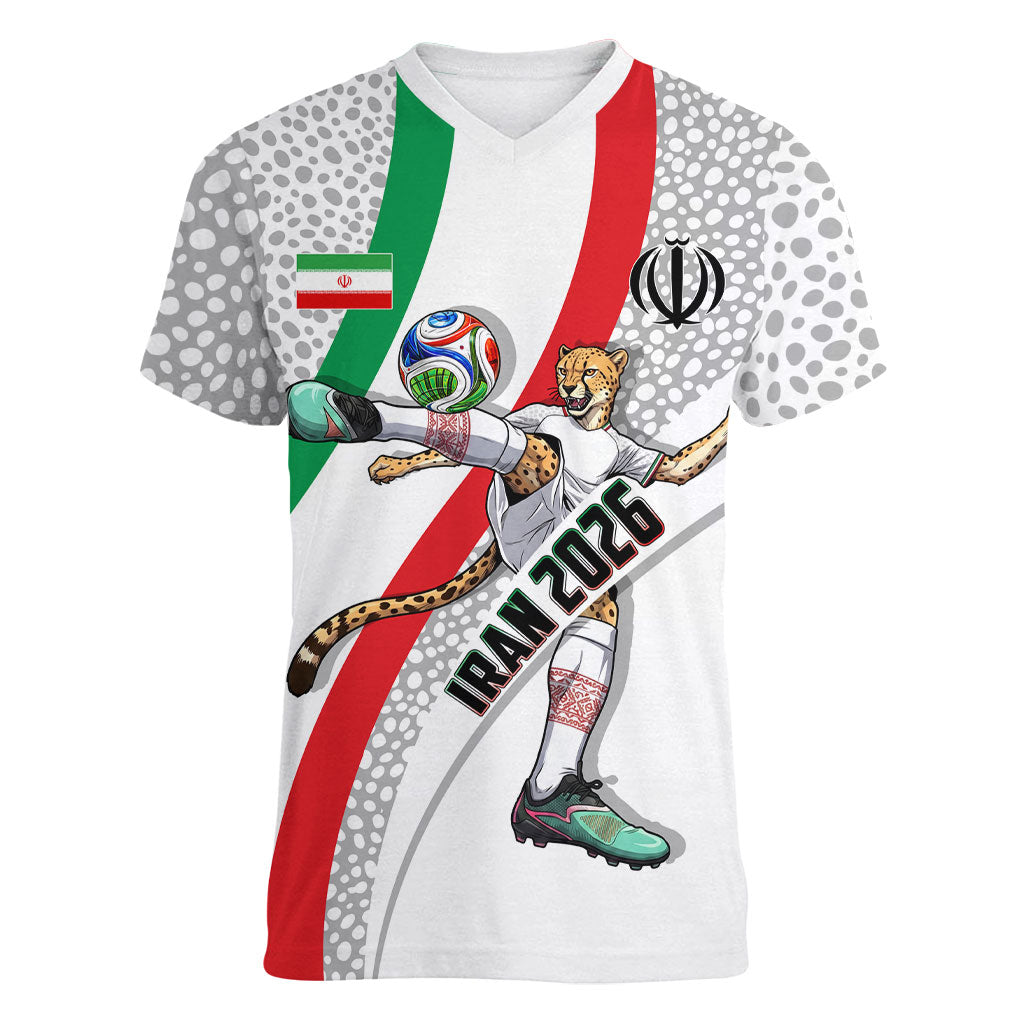 Personalized Iran Football Cheetah Women V-Neck T-Shirt Persian Cheetah Graphic With Iranian Flag And Symbol