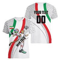 Personalized Iran Football Cheetah Women V-Neck T-Shirt Persian Cheetah Graphic With Iranian Flag And Symbol