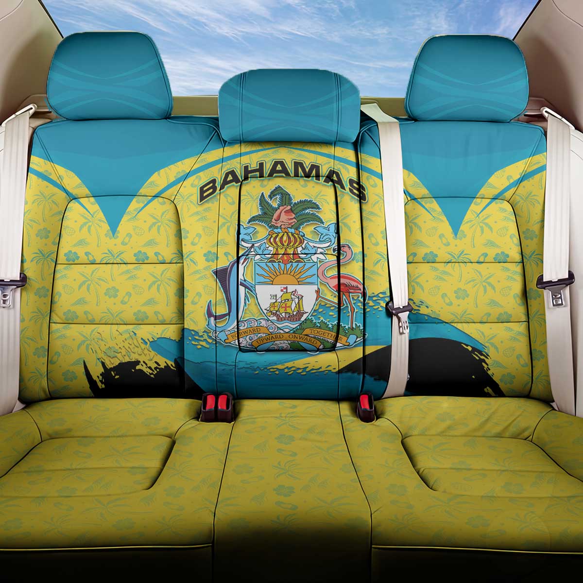 Bahamas Flag Back Car Seat Cover with National Coat of Arms and Sea Turtle Design - Wonder Print Shop