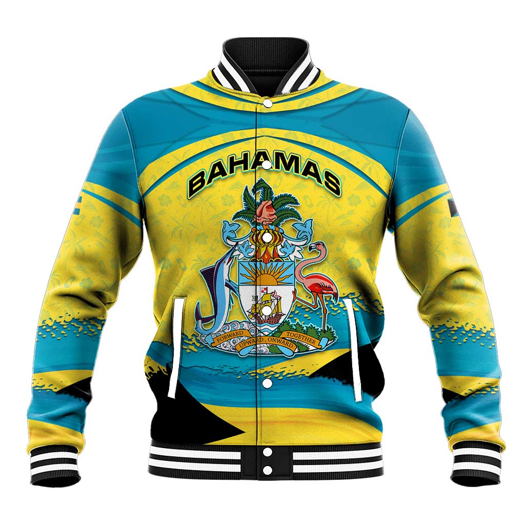 Bahamas Flag Baseball Jacket with National Coat of Arms and Sea Turtle Design - Wonder Print Shop