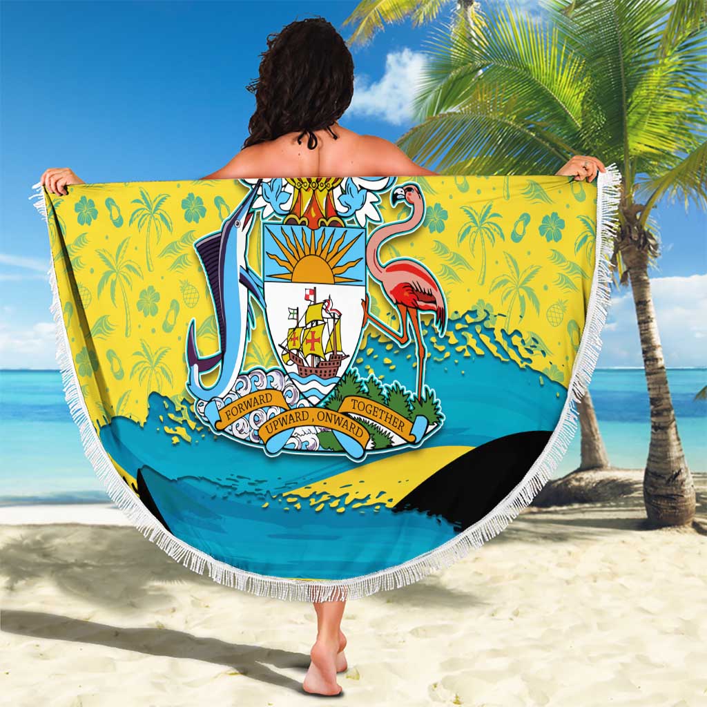 Bahamas Flag Beach Blanket with National Coat of Arms and Sea Turtle Design - Wonder Print Shop