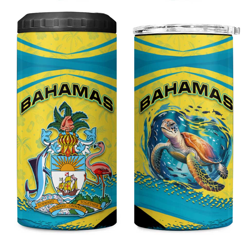 Bahamas Flag 4 in 1 Can Cooler Tumbler with National Coat of Arms and Sea Turtle Design - Wonder Print Shop