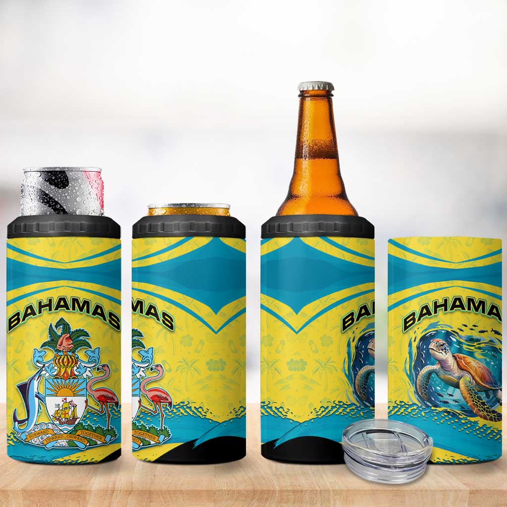 Bahamas Flag 4 in 1 Can Cooler Tumbler with National Coat of Arms and Sea Turtle Design - Wonder Print Shop