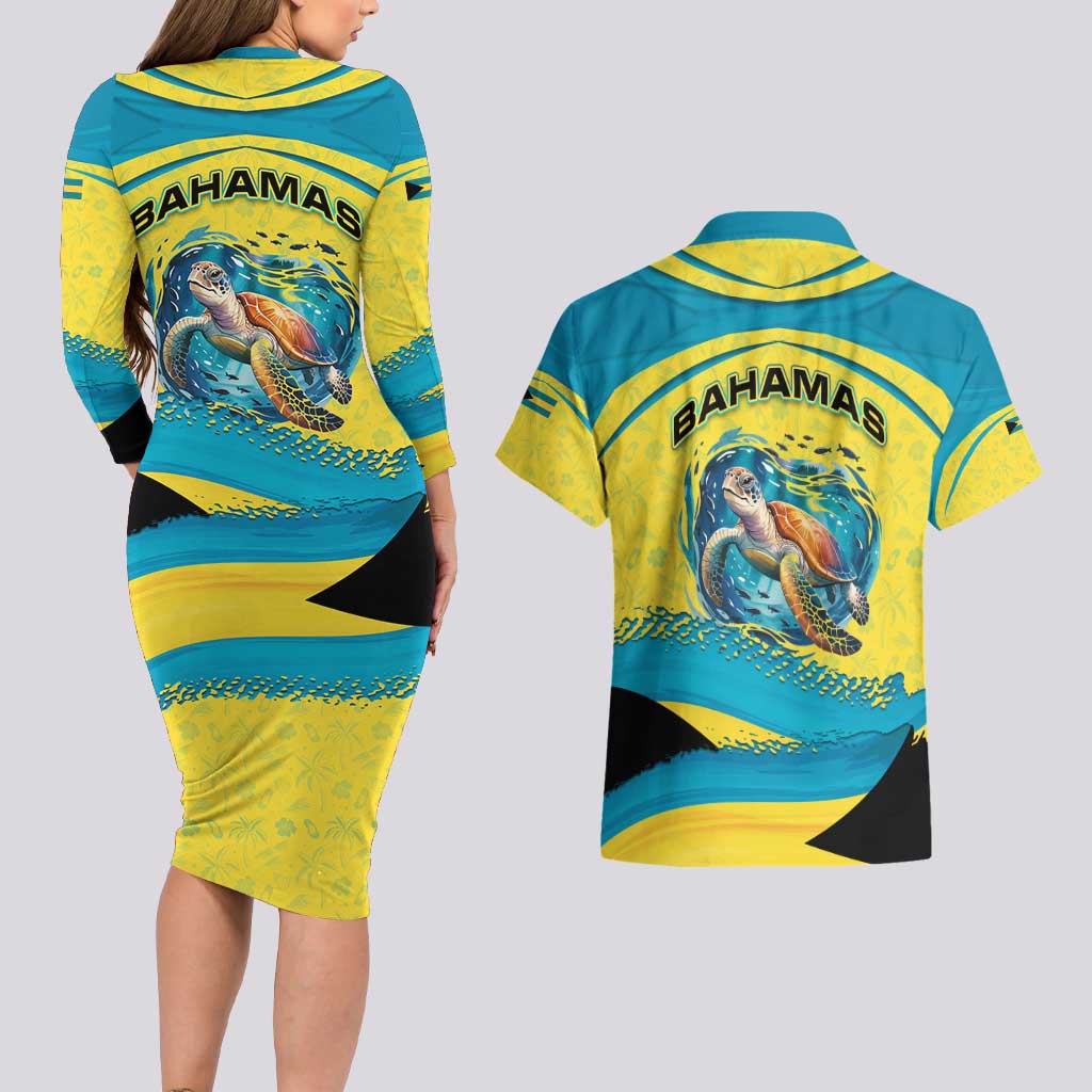 Bahamas Flag Couples Matching Long Sleeve Bodycon Dress and Hawaiian Shirt with National Coat of Arms and Sea Turtle Design - Wonder Print Shop