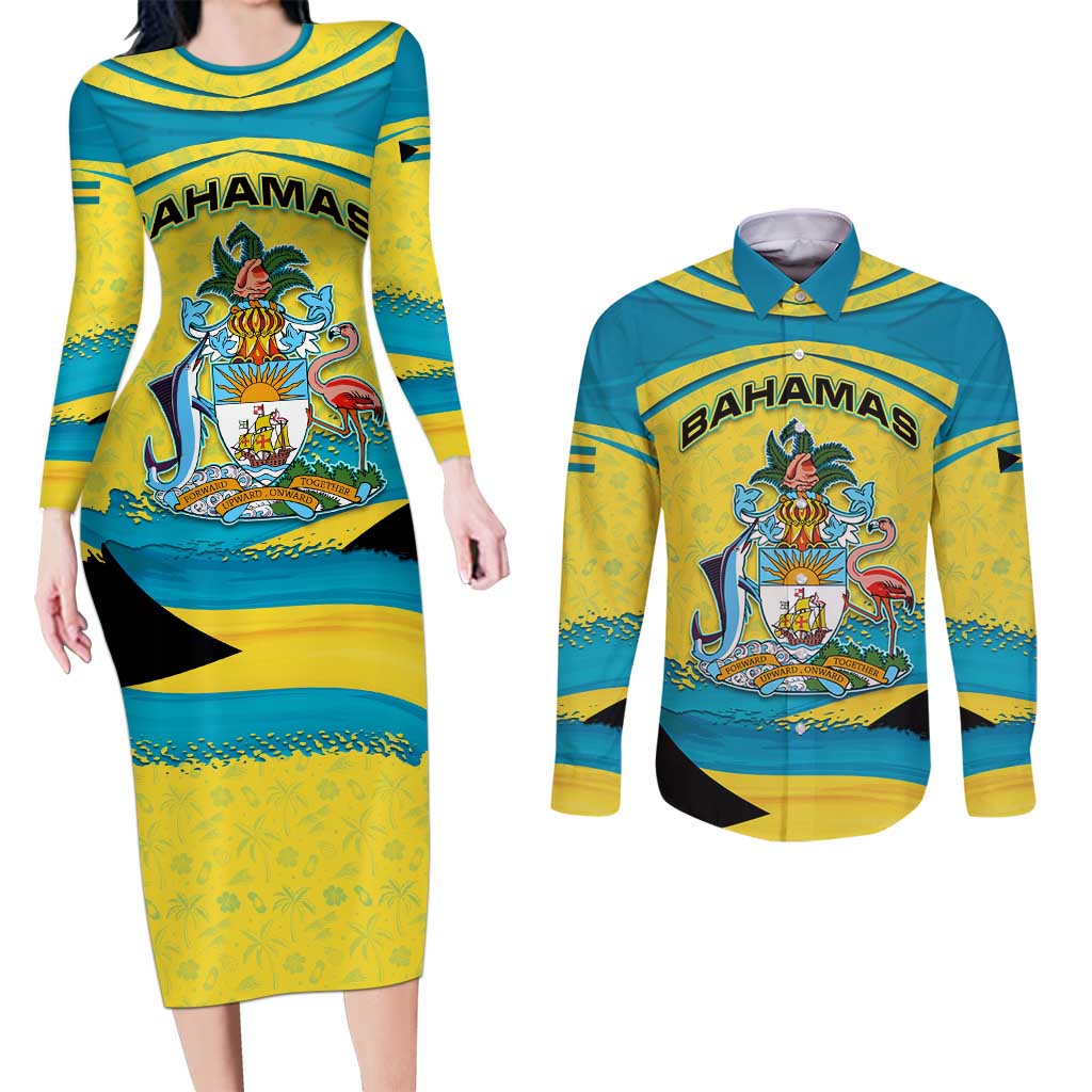 Bahamas Flag Couples Matching Long Sleeve Bodycon Dress and Long Sleeve Button Shirt with National Coat of Arms and Sea Turtle Design - Wonder Print Shop