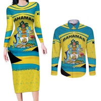 Bahamas Flag Couples Matching Long Sleeve Bodycon Dress and Long Sleeve Button Shirt with National Coat of Arms and Sea Turtle Design - Wonder Print Shop