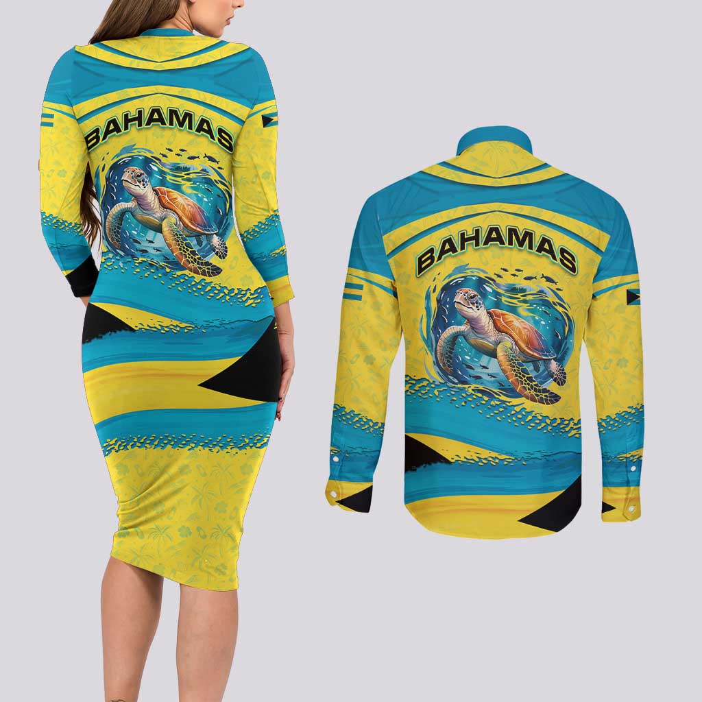 Bahamas Flag Couples Matching Long Sleeve Bodycon Dress and Long Sleeve Button Shirt with National Coat of Arms and Sea Turtle Design - Wonder Print Shop