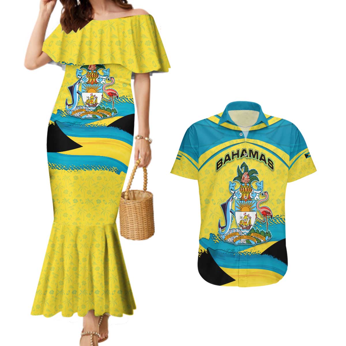 Bahamas Flag Couples Matching Mermaid Dress and Hawaiian Shirt with National Coat of Arms and Sea Turtle Design - Wonder Print Shop