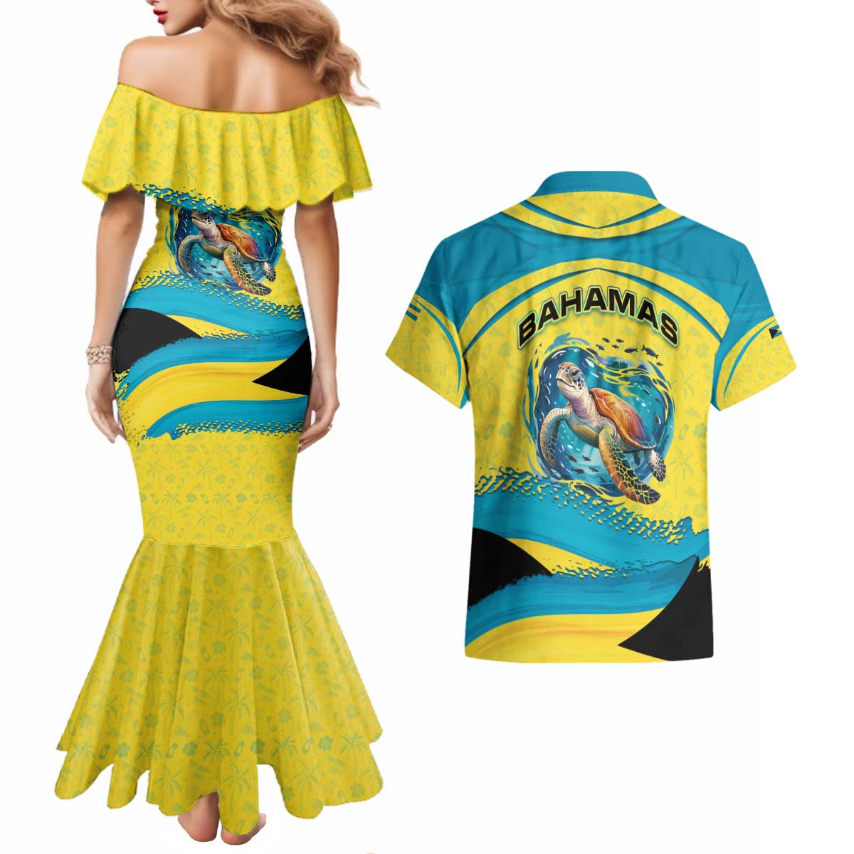 Bahamas Flag Couples Matching Mermaid Dress and Hawaiian Shirt with National Coat of Arms and Sea Turtle Design - Wonder Print Shop