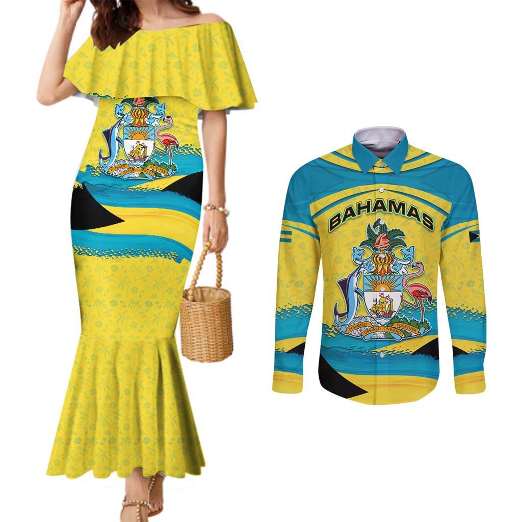 Bahamas Flag Couples Matching Mermaid Dress and Long Sleeve Button Shirt with National Coat of Arms and Sea Turtle Design - Wonder Print Shop
