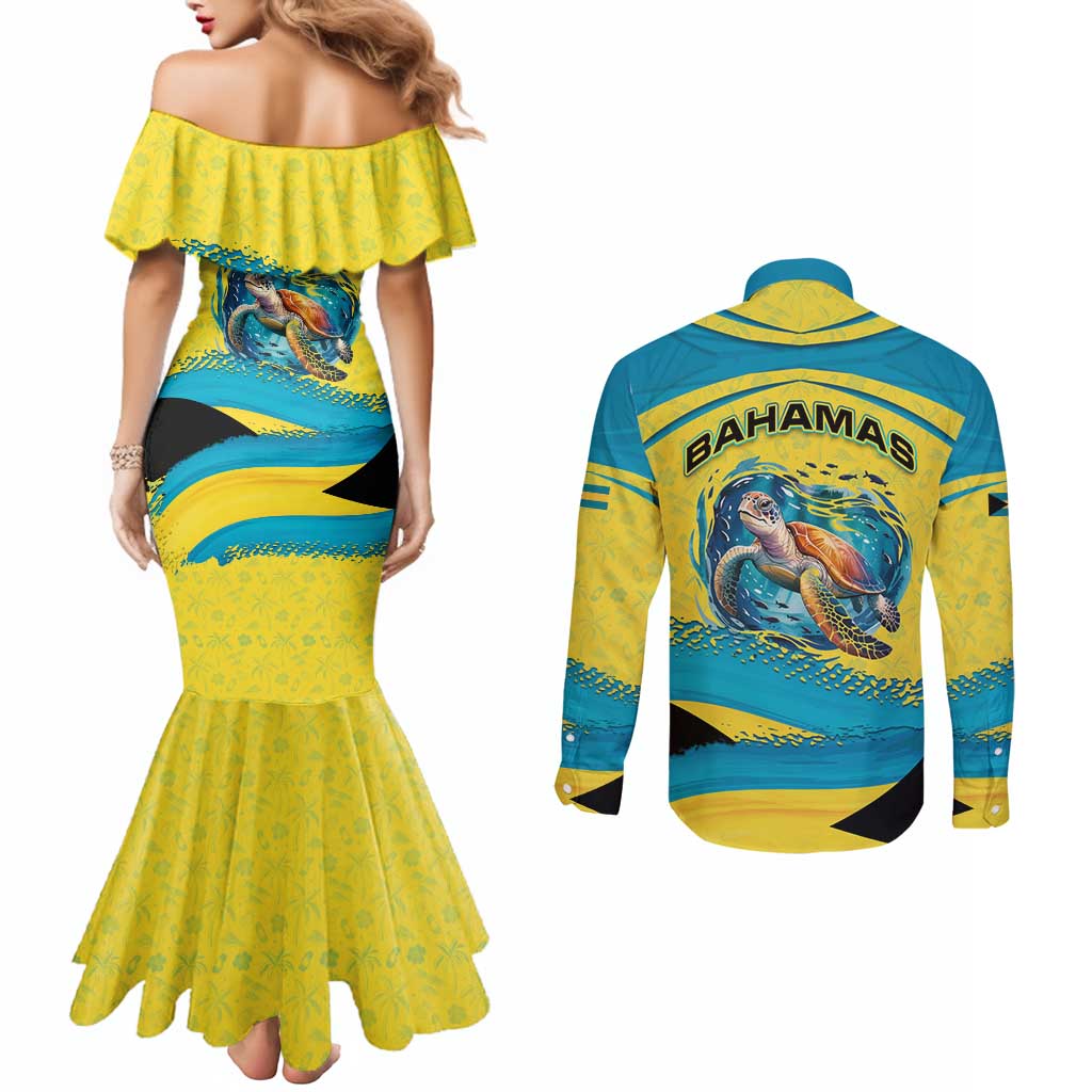 Bahamas Flag Couples Matching Mermaid Dress and Long Sleeve Button Shirt with National Coat of Arms and Sea Turtle Design - Wonder Print Shop