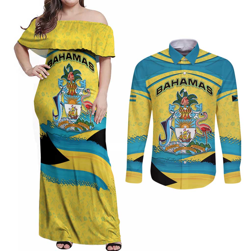 Bahamas Flag Couples Matching Off Shoulder Maxi Dress and Long Sleeve Button Shirt with National Coat of Arms and Sea Turtle Design - Wonder Print Shop