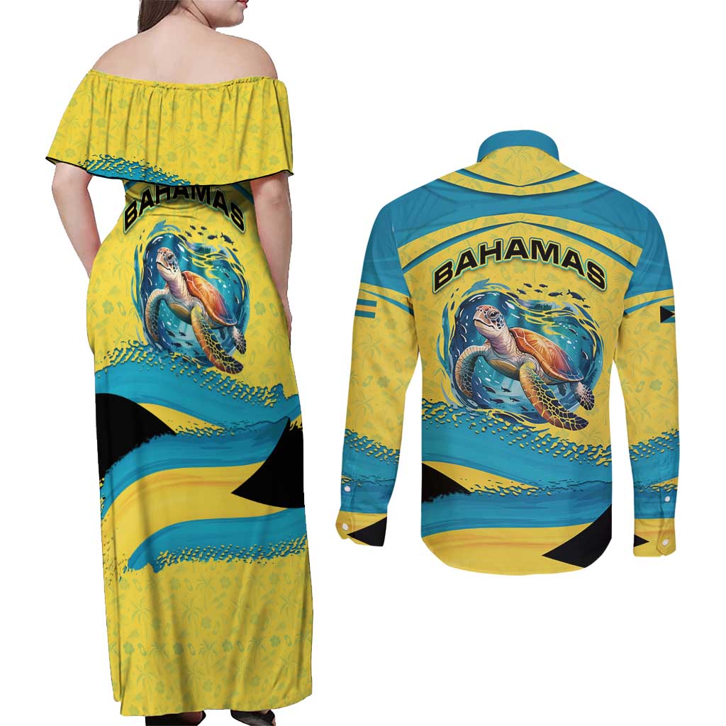 Bahamas Flag Couples Matching Off Shoulder Maxi Dress and Long Sleeve Button Shirt with National Coat of Arms and Sea Turtle Design - Wonder Print Shop