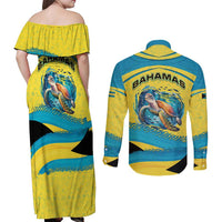 Bahamas Flag Couples Matching Off Shoulder Maxi Dress and Long Sleeve Button Shirt with National Coat of Arms and Sea Turtle Design - Wonder Print Shop