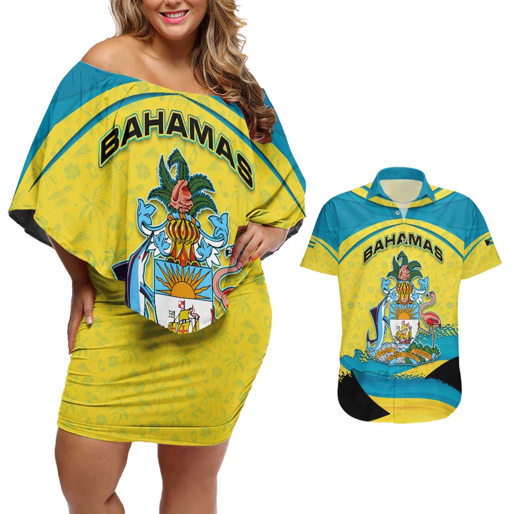 Bahamas Flag Couples Matching Off Shoulder Short Dress and Hawaiian Shirt with National Coat of Arms and Sea Turtle Design - Wonder Print Shop