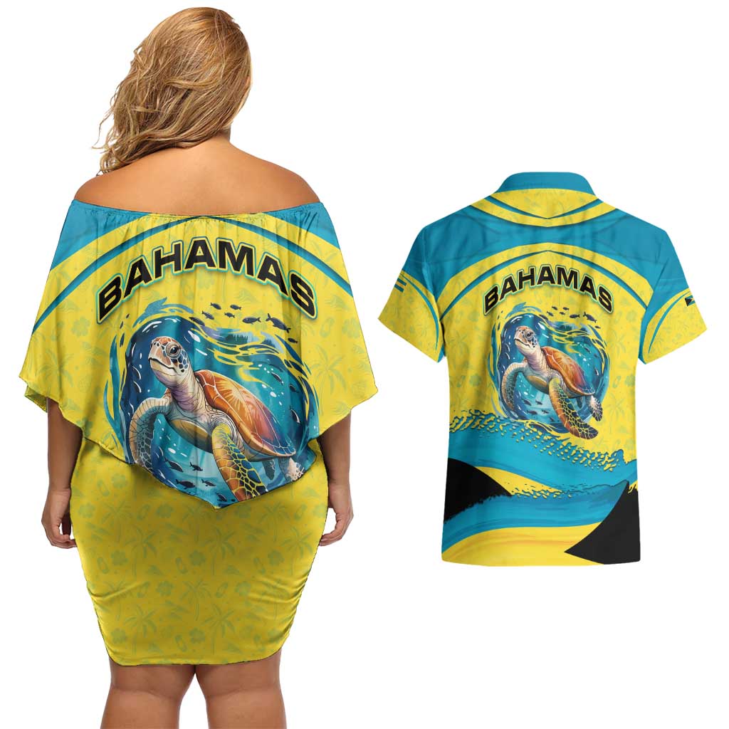 Bahamas Flag Couples Matching Off Shoulder Short Dress and Hawaiian Shirt with National Coat of Arms and Sea Turtle Design - Wonder Print Shop