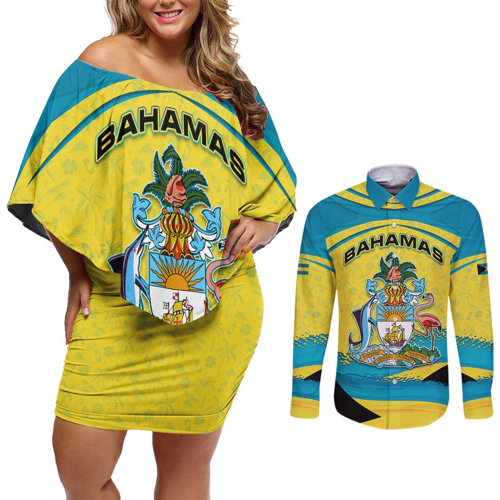 Bahamas Flag Couples Matching Off Shoulder Short Dress and Long Sleeve Button Shirt with National Coat of Arms and Sea Turtle Design - Wonder Print Shop
