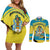 Bahamas Flag Couples Matching Off Shoulder Short Dress and Long Sleeve Button Shirt with National Coat of Arms and Sea Turtle Design - Wonder Print Shop