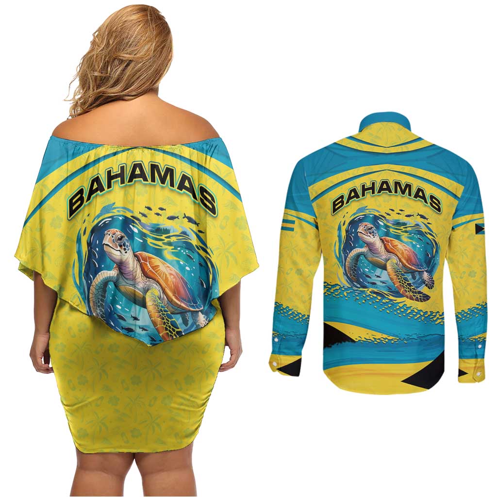 Bahamas Flag Couples Matching Off Shoulder Short Dress and Long Sleeve Button Shirt with National Coat of Arms and Sea Turtle Design - Wonder Print Shop