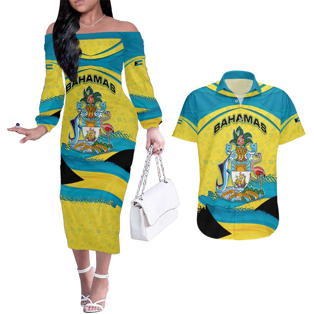 Bahamas Flag Couples Matching Off The Shoulder Long Sleeve Dress and Hawaiian Shirt with National Coat of Arms and Sea Turtle Design - Wonder Print Shop
