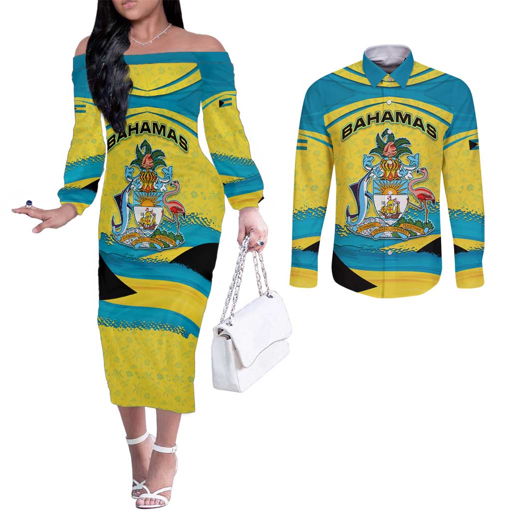 Bahamas Flag Couples Matching Off The Shoulder Long Sleeve Dress and Long Sleeve Button Shirt with National Coat of Arms and Sea Turtle Design - Wonder Print Shop