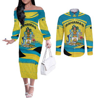 Bahamas Flag Couples Matching Off The Shoulder Long Sleeve Dress and Long Sleeve Button Shirt with National Coat of Arms and Sea Turtle Design - Wonder Print Shop