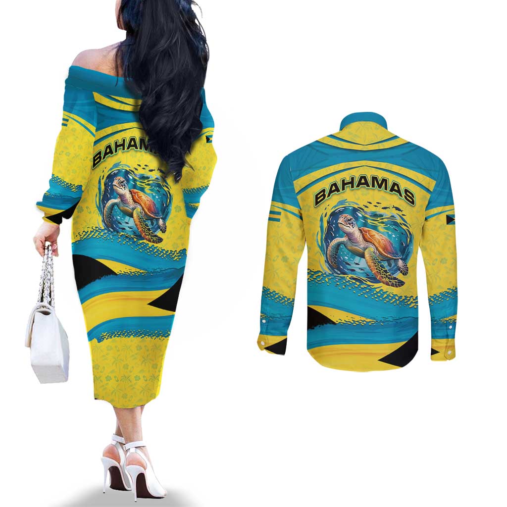 Bahamas Flag Couples Matching Off The Shoulder Long Sleeve Dress and Long Sleeve Button Shirt with National Coat of Arms and Sea Turtle Design - Wonder Print Shop