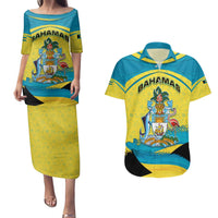 Bahamas Flag Couples Matching Puletasi and Hawaiian Shirt with National Coat of Arms and Sea Turtle Design - Wonder Print Shop