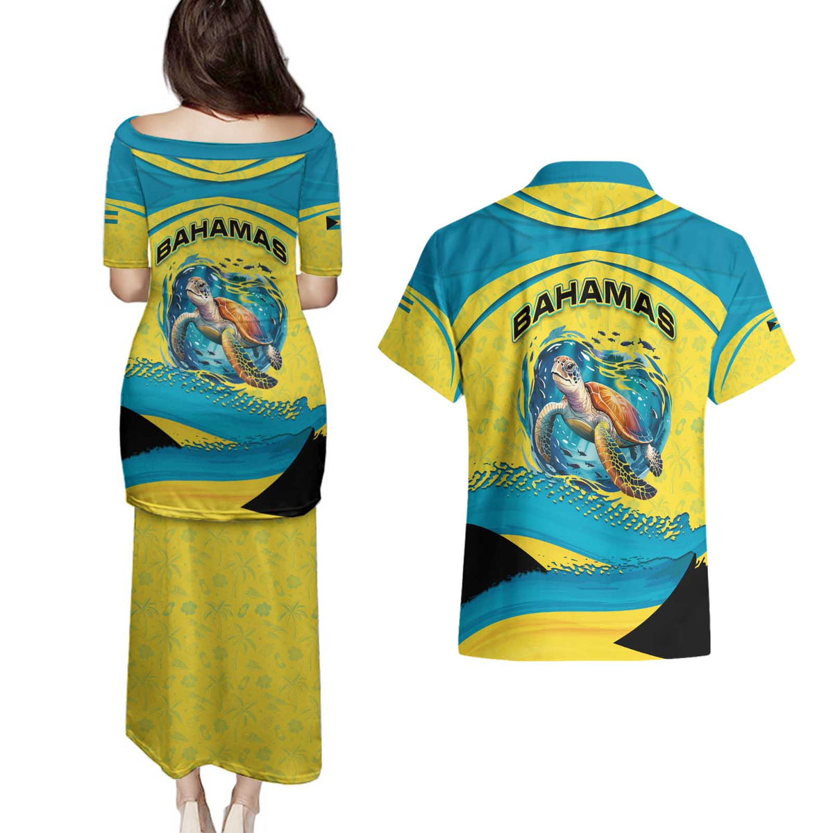 Bahamas Flag Couples Matching Puletasi and Hawaiian Shirt with National Coat of Arms and Sea Turtle Design - Wonder Print Shop
