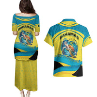 Bahamas Flag Couples Matching Puletasi and Hawaiian Shirt with National Coat of Arms and Sea Turtle Design - Wonder Print Shop