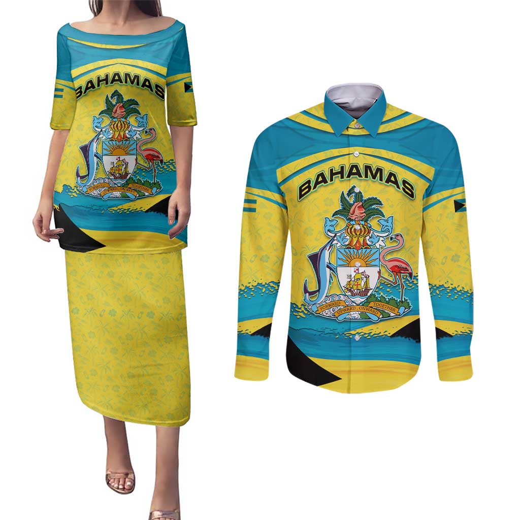 Bahamas Flag Couples Matching Puletasi and Long Sleeve Button Shirt with National Coat of Arms and Sea Turtle Design - Wonder Print Shop