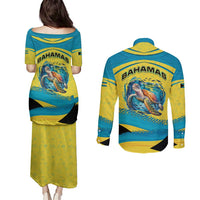 Bahamas Flag Couples Matching Puletasi and Long Sleeve Button Shirt with National Coat of Arms and Sea Turtle Design - Wonder Print Shop