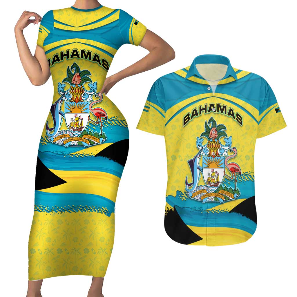 Bahamas Flag Couples Matching Short Sleeve Bodycon Dress and Hawaiian Shirt with National Coat of Arms and Sea Turtle Design - Wonder Print Shop