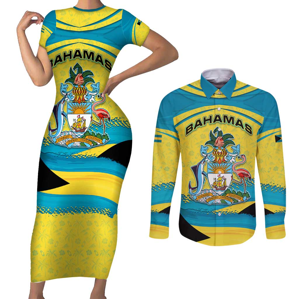 Bahamas Flag Couples Matching Short Sleeve Bodycon Dress and Long Sleeve Button Shirt with National Coat of Arms and Sea Turtle Design - Wonder Print Shop