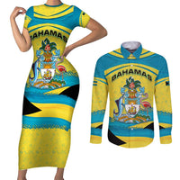 Bahamas Flag Couples Matching Short Sleeve Bodycon Dress and Long Sleeve Button Shirt with National Coat of Arms and Sea Turtle Design - Wonder Print Shop