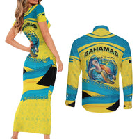 Bahamas Flag Couples Matching Short Sleeve Bodycon Dress and Long Sleeve Button Shirt with National Coat of Arms and Sea Turtle Design - Wonder Print Shop