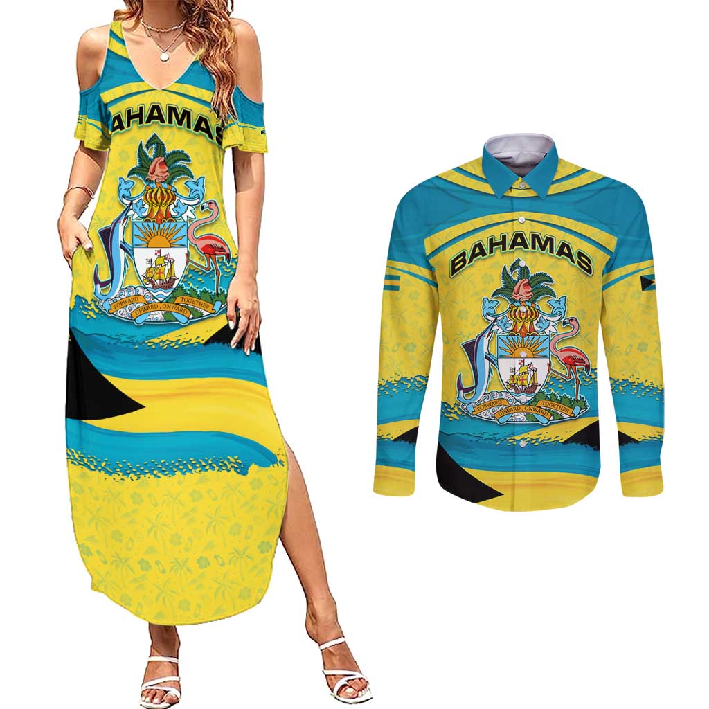 Bahamas Flag Couples Matching Summer Maxi Dress and Long Sleeve Button Shirt with National Coat of Arms and Sea Turtle Design - Wonder Print Shop