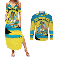 Bahamas Flag Couples Matching Summer Maxi Dress and Long Sleeve Button Shirt with National Coat of Arms and Sea Turtle Design - Wonder Print Shop